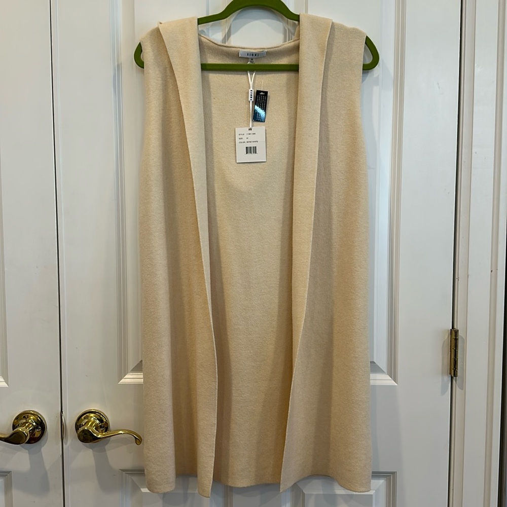 NWT Sioni Bone White Long Open Cardigan Sleeveless Sweater With Hood M